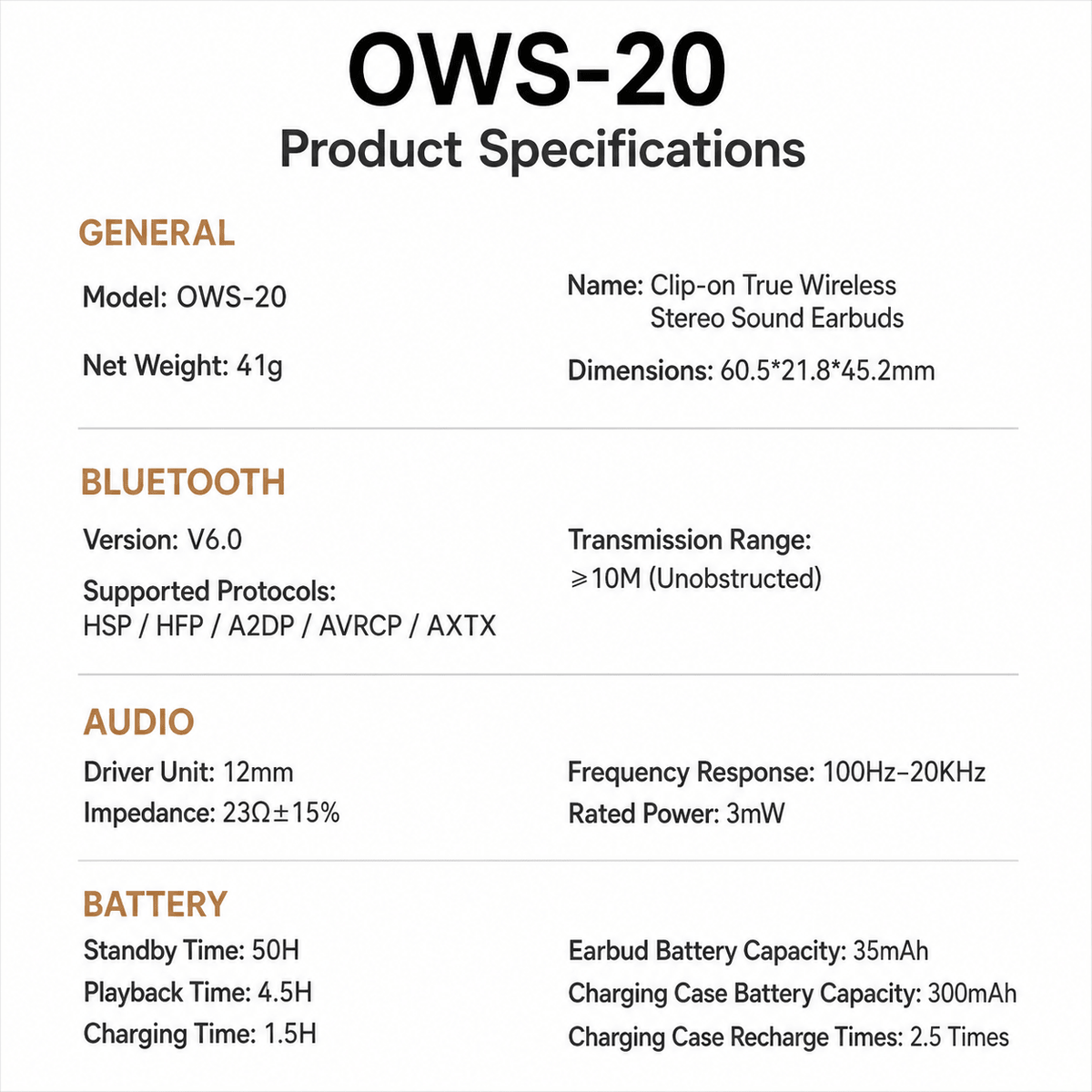 OWS-20 open-ear clip-on wireless earbuds - product detail image 12