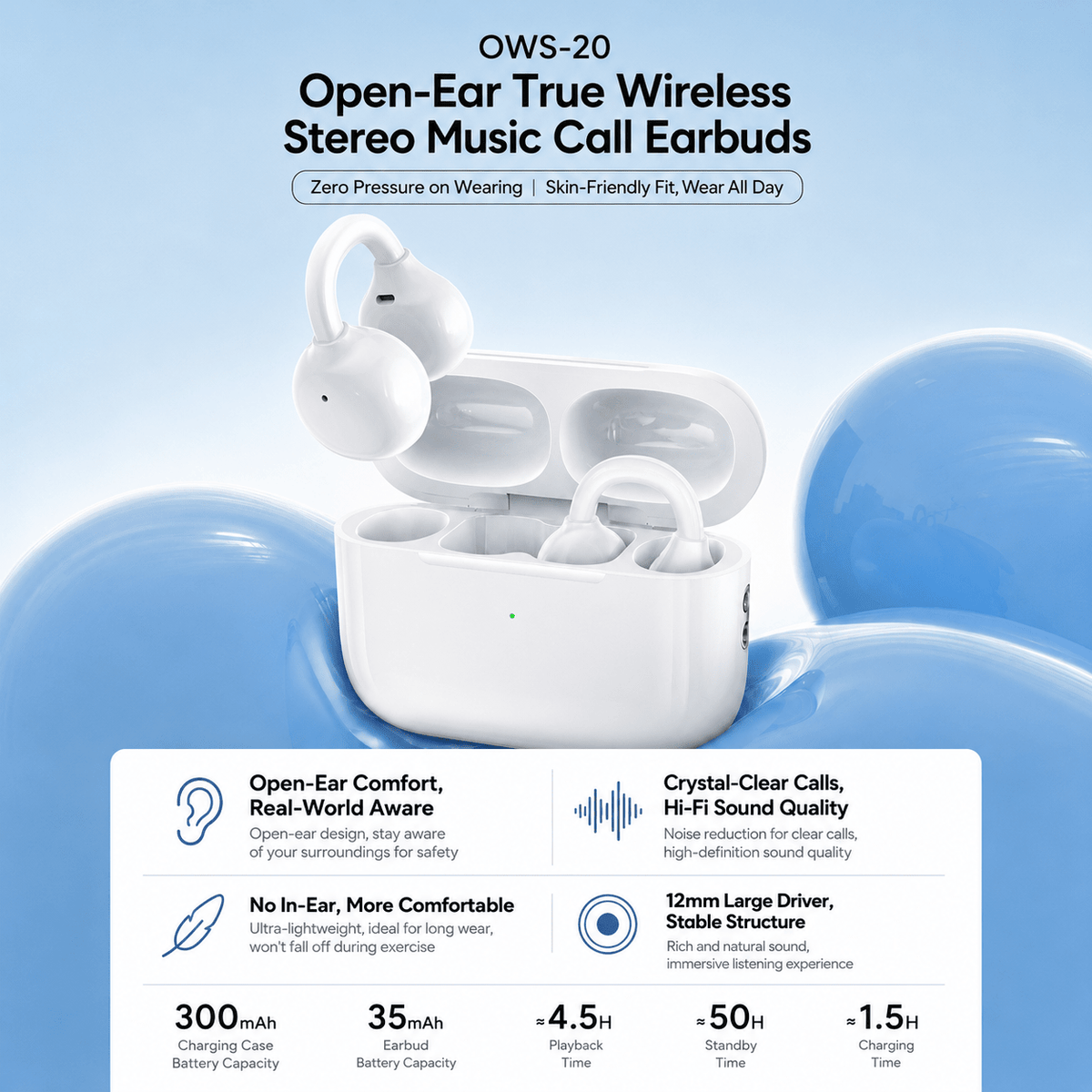 OWS-20 open-ear wireless earbuds with secure clip-on fit