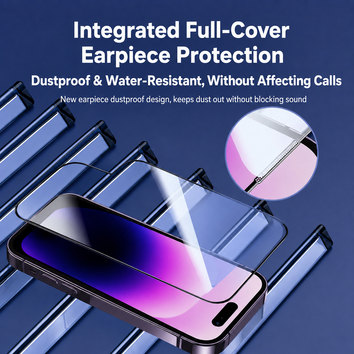 integrated earpiece dust protection on iPhone tempered glass screen protector