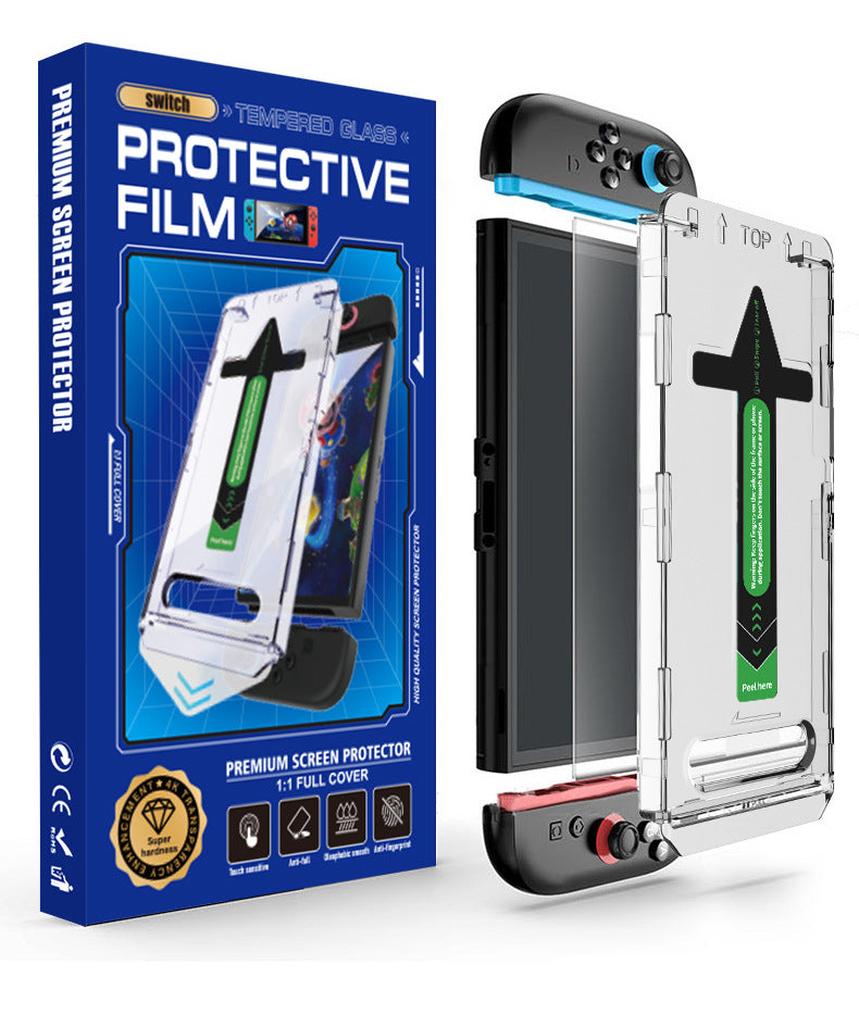Nintendo Switch 2 tempered glass screen protector with dust-free installation frame and retail packaging