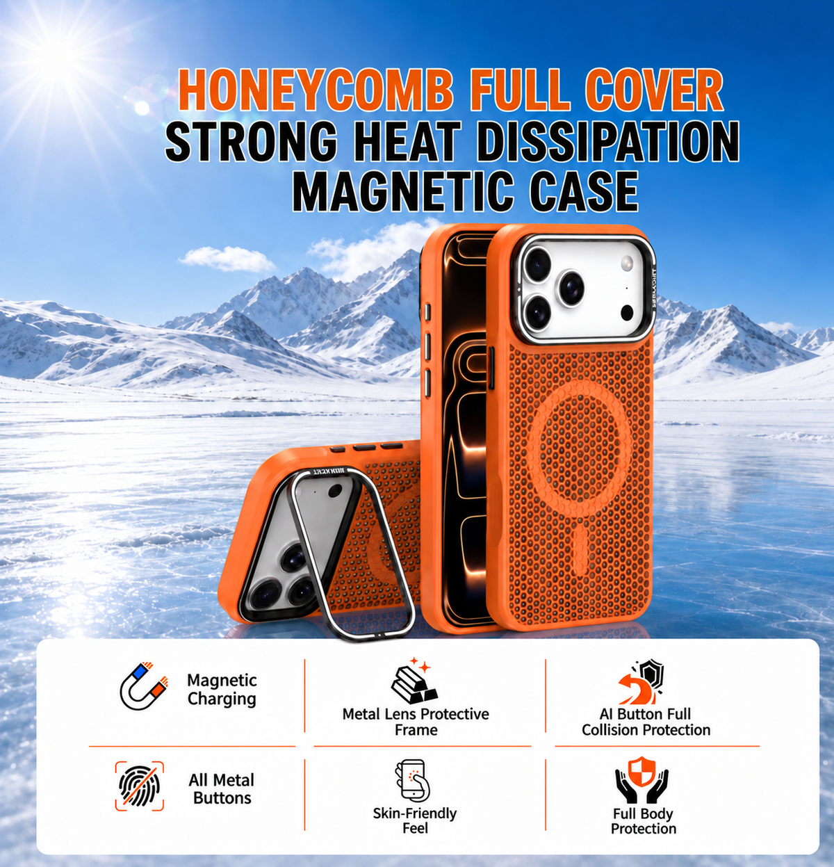 N52 Magnetic Honeycomb Case – Heat Dissipation, Metal Camera Stand & Full Protection