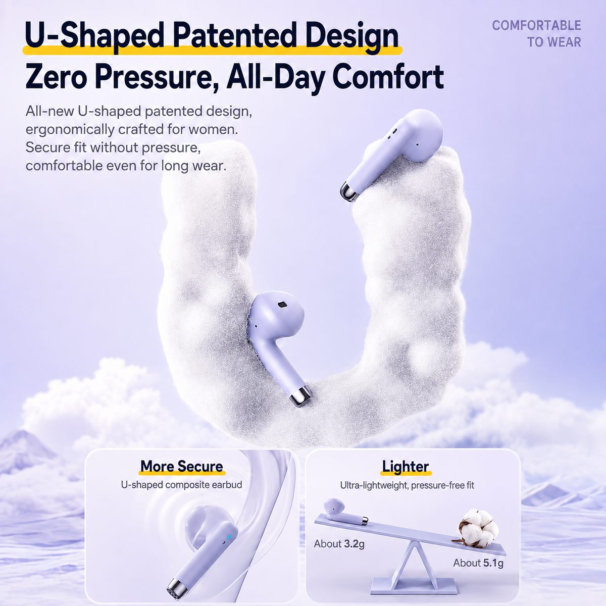 TWS-19 wireless earbuds with comfort-focused U-shaped design